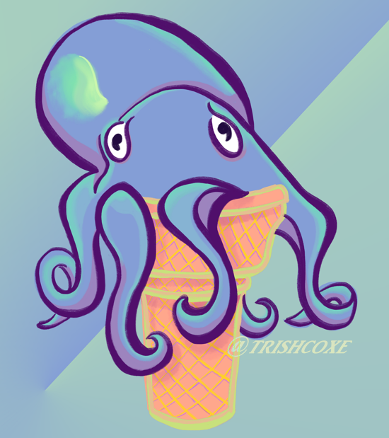 A graphically drawn octopus in blue-purple seated in a tan ice cream cone over a green-blue gradient background.