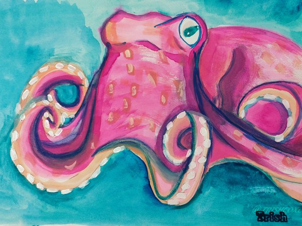 A magenta octopus painted in watercolors over a teal background