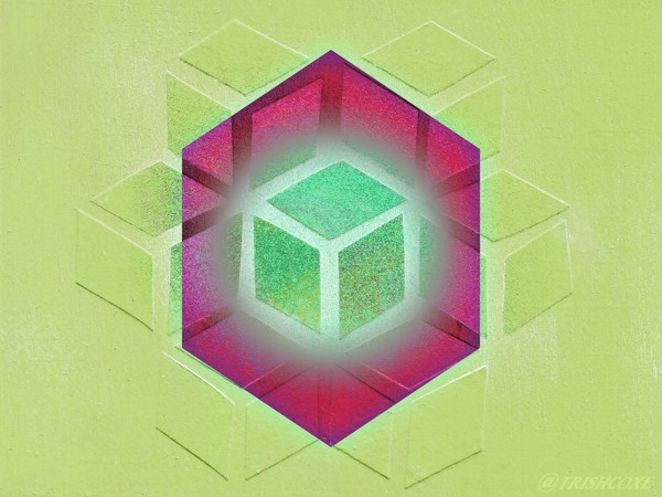 A magenta hexagon centered on a bright green textured background