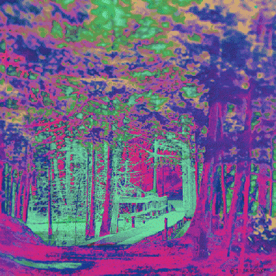 Altered color animation of a bridge leading into a wood