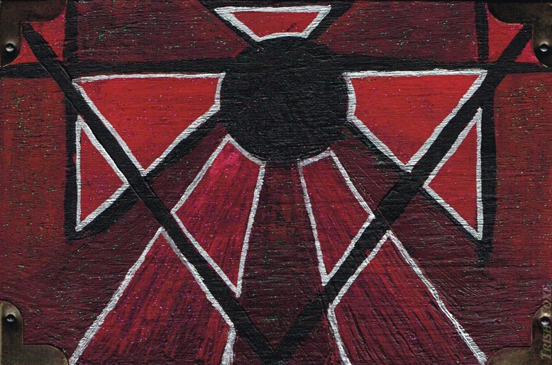A dark red and black geometric painting with white outlines depicting a radiant void on the lid of a treasure box